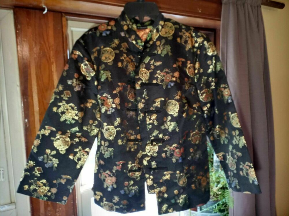 Frederick's of Hollywood Blazer Black Jacket Floral Mandarin Asian USA